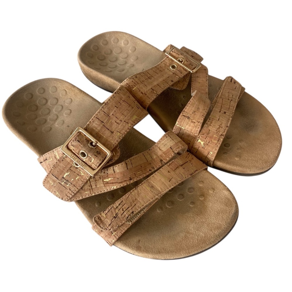 Vionic Skylar Cork Neutral Gold Buckle Sandals Shoes Slip On Comfort Slides 7